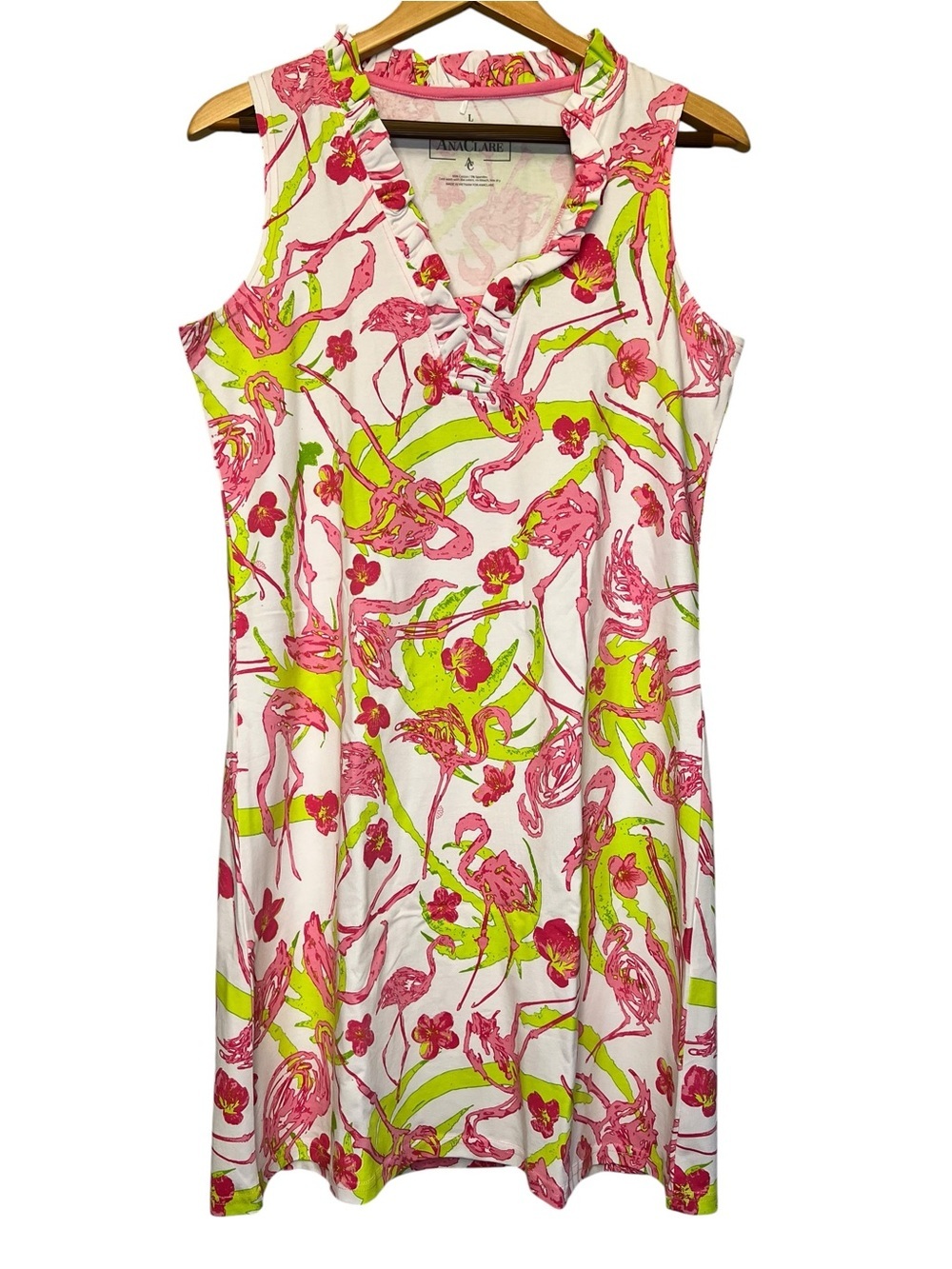 Resort Beachwear Tropical Floral Flamingo Preppy Midi Shift Dress Ruffle Large - Picture 1 of 4